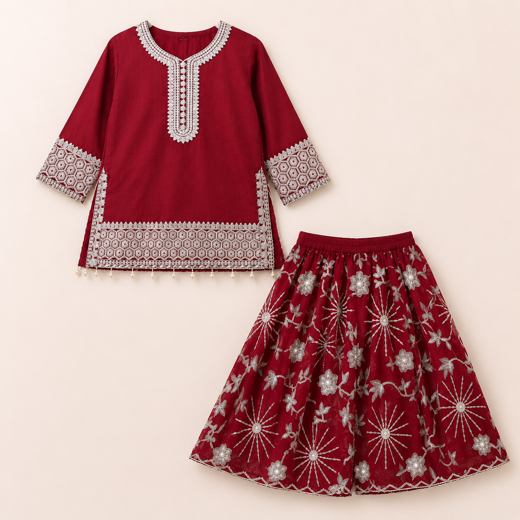 Garnet Baby Girl Gharara Set fabric detail - baby girl gharara set by Little Maryam