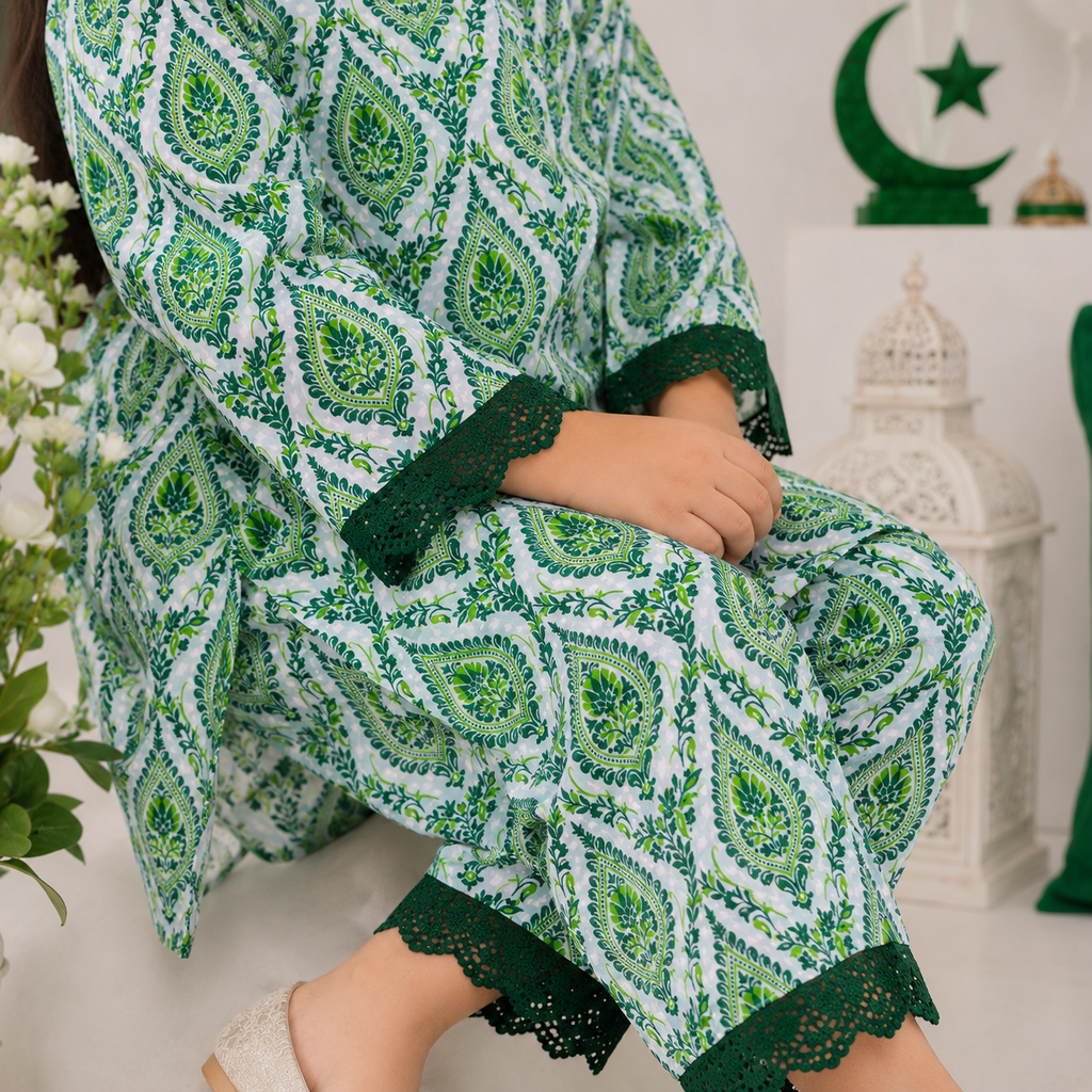 Emerald Pakistan Baby Girl Kurti Set fabric detail - baby girl kurti set by Little Maryam