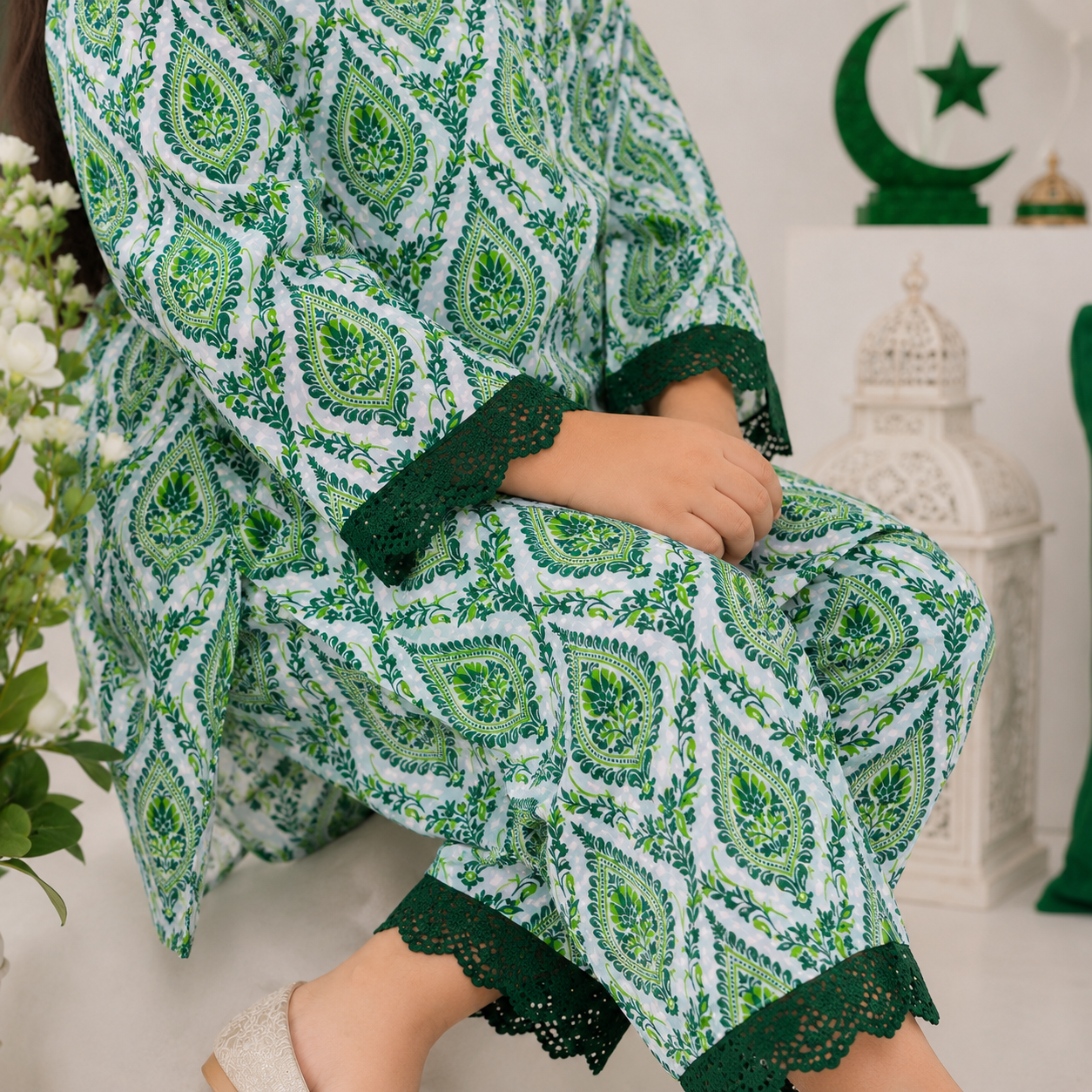 Emerald Pakistan Baby Girl Kurti Set fabric detail - baby girl kurti set by Little Maryam