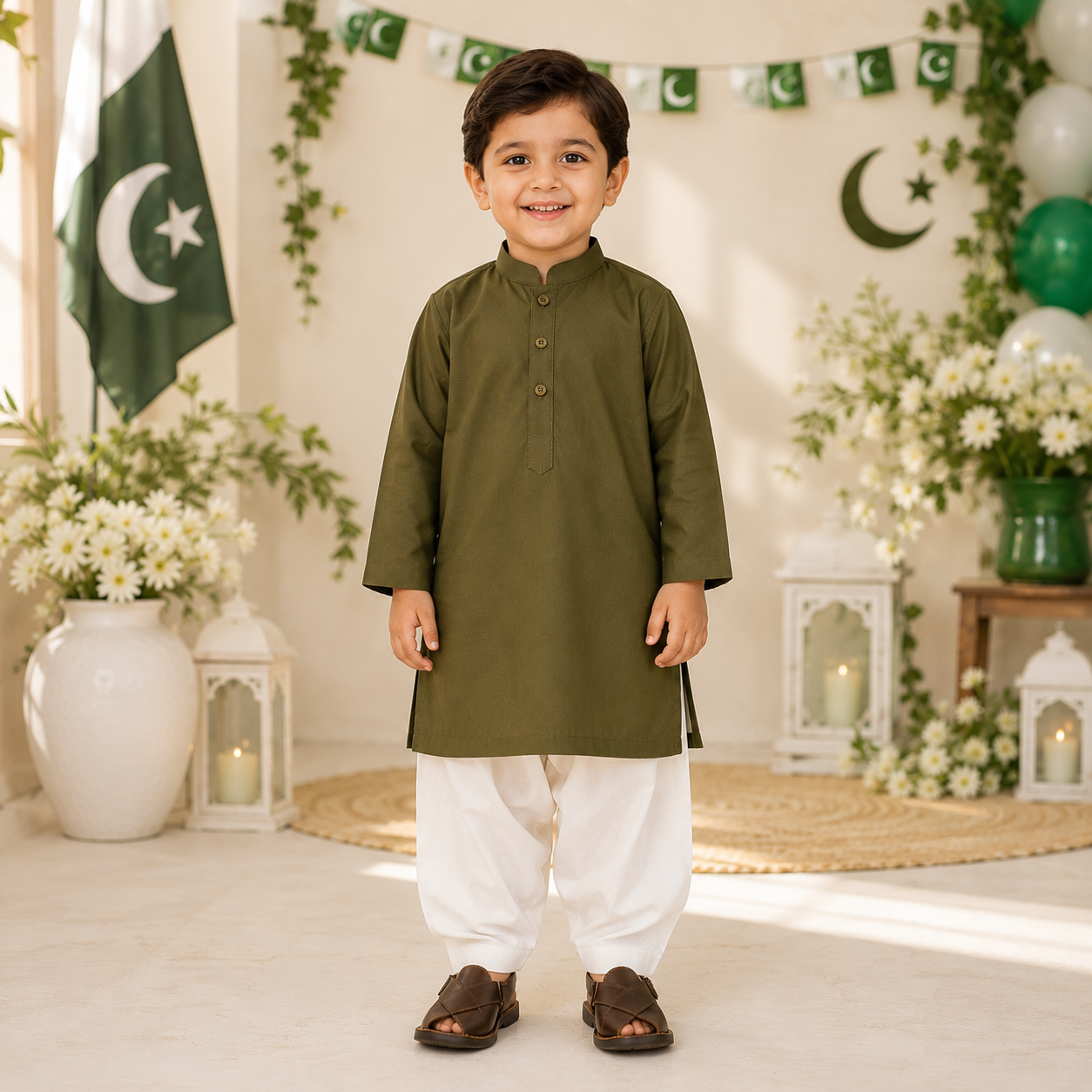 Olive Classic Boys Kurta Shalwar front view - baby boy Pakistani outfit by Little Maryam