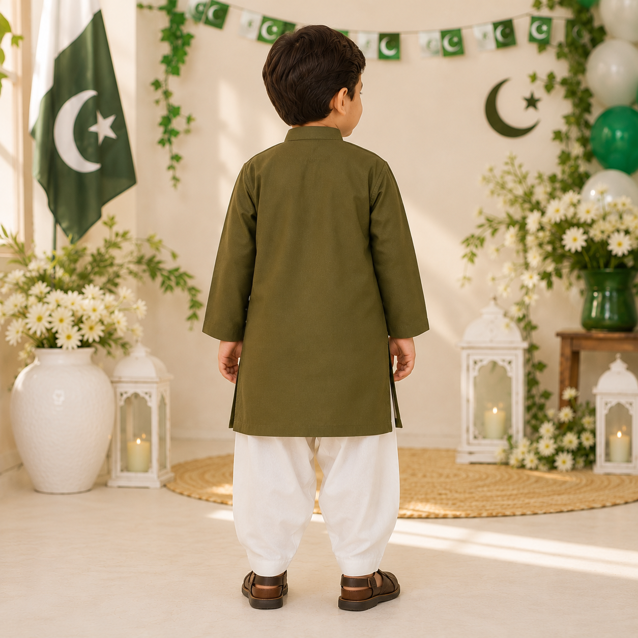 Olive Classic Boys Kurta Shalwar detail view - baby boy Pakistani outfit by Little Maryam