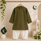 Olive Classic Boys Kurta Shalwar side view - baby boy Pakistani outfit by Little Maryam
