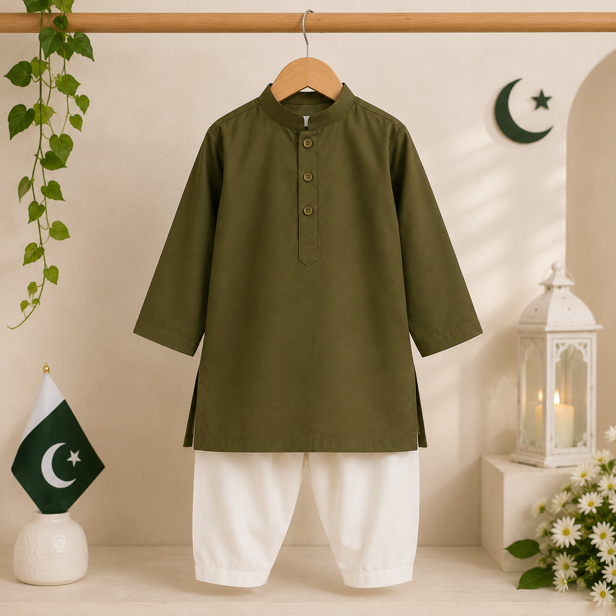 Olive Classic Boys Kurta Shalwar side view - baby boy Pakistani outfit by Little Maryam