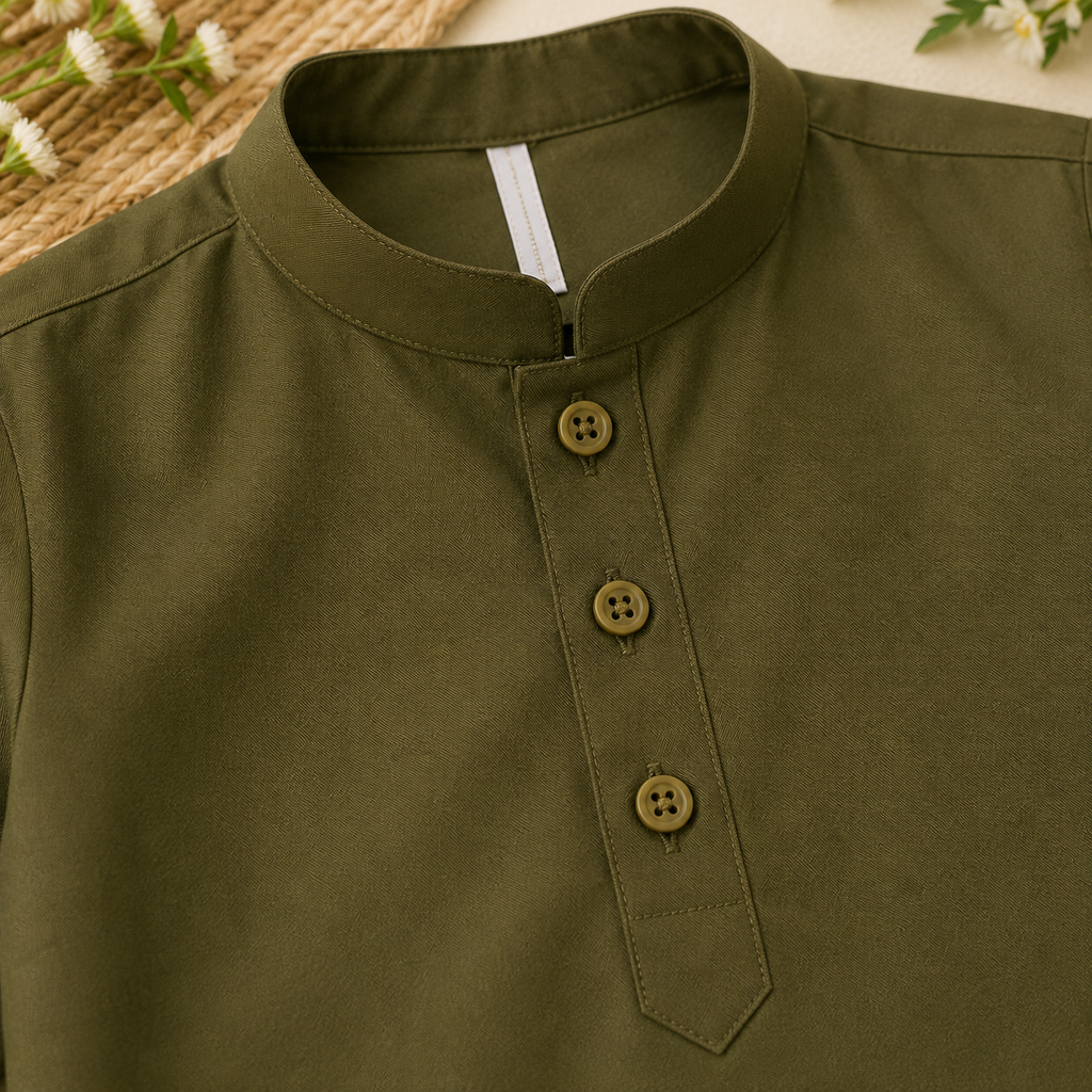 Olive Classic Boys Kurta Shalwar fabric detail - baby boy Pakistani outfit by Little Maryam