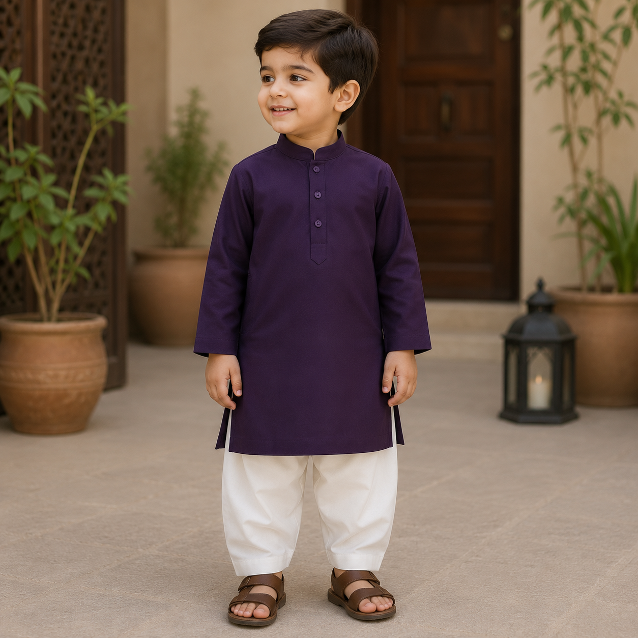 Purple Boski Kurta Set front view - baby boy Pakistani outfit by Little Maryam