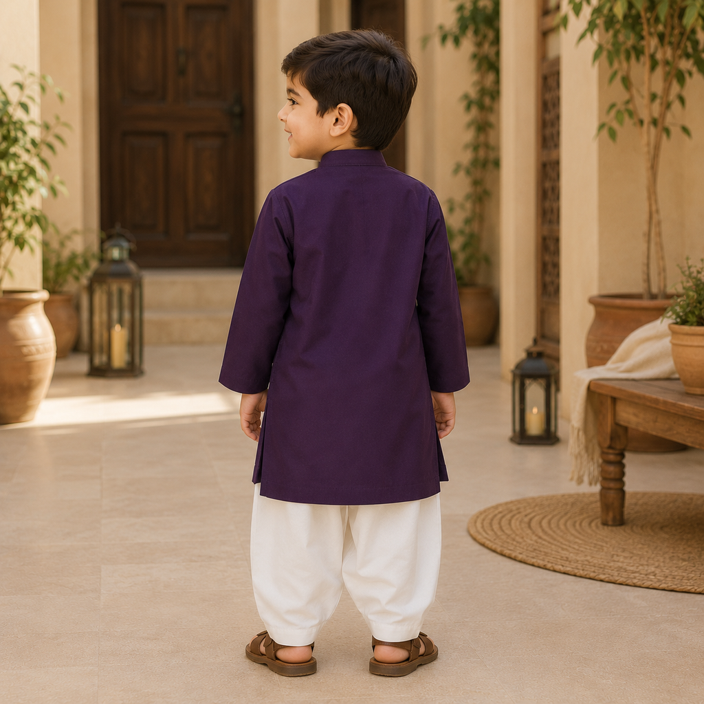 Purple Boski Kurta Set outfit view - baby boy Pakistani outfit by Little Maryam