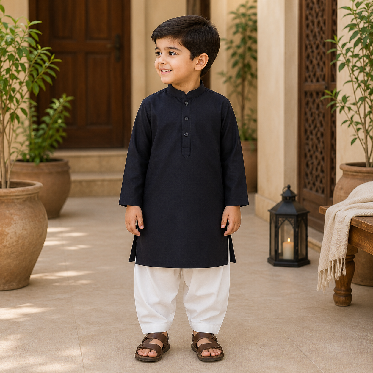 Black Boski Kurta Shalwar front view - baby boy Pakistani outfit by Little Maryam