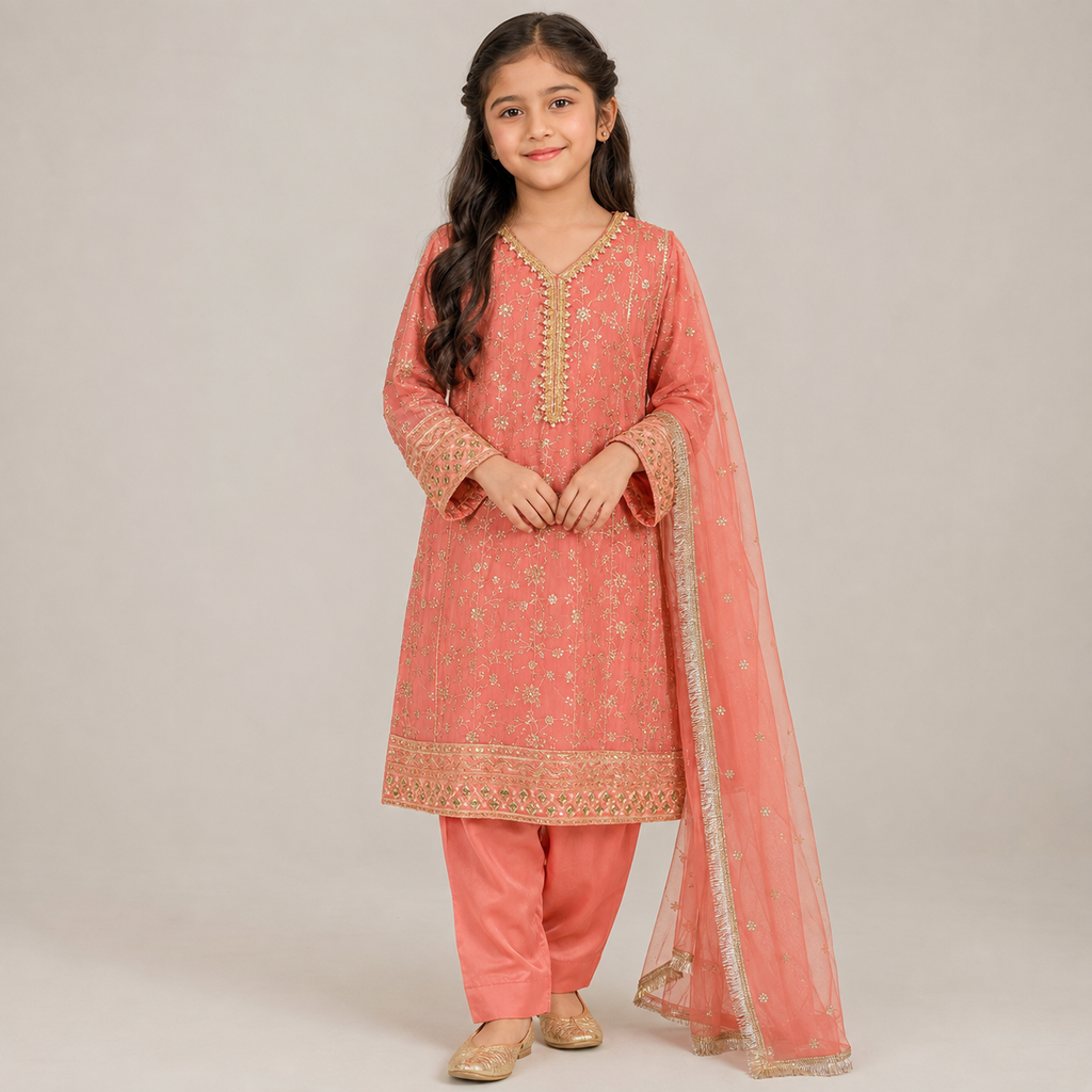Peach Embroidered 3-Piece Girls Suit with Net Dupatta