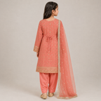 Peach Embroidered 3-Piece Girls Suit with Net Dupatta