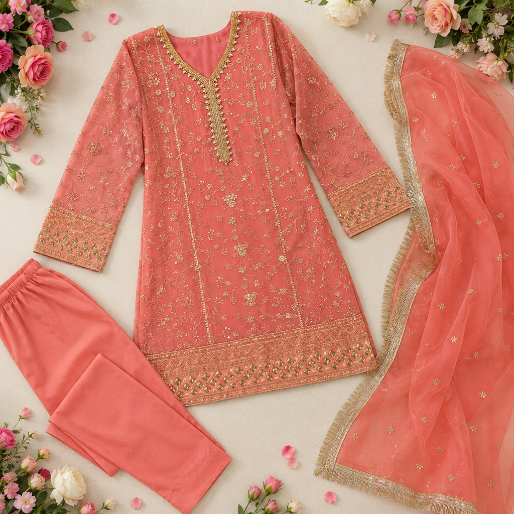 Peach Embroidered 3-Piece Girls Suit with Net Dupatta