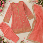 Peach Embroidered 3-Piece Girls Suit with Net Dupatta