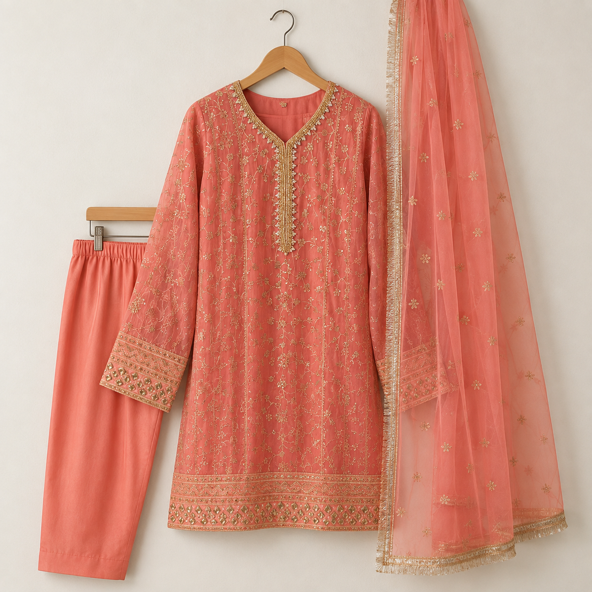 Peach Embroidered 3-Piece Girls Suit with Net Dupatta