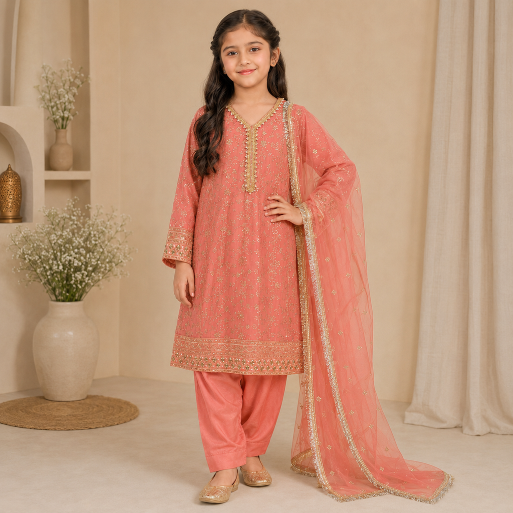 Peach Embroidered 3-Piece Girls Suit with Net Dupatta