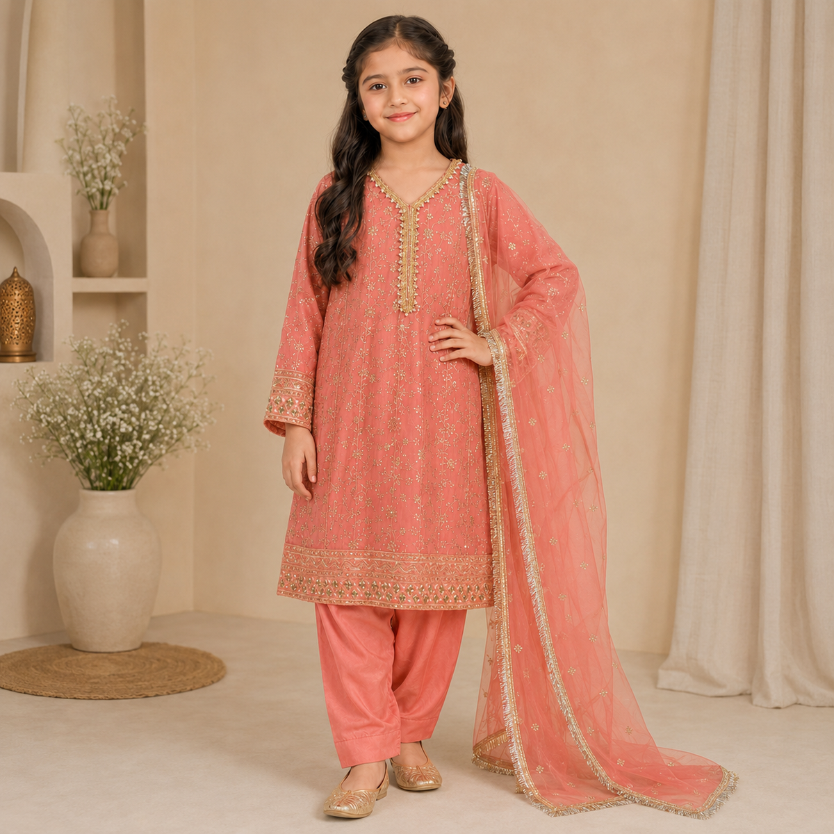 Peach Embroidered 3-Piece Girls Suit with Net Dupatta