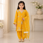 Mustard Yellow Embroidered 3-Piece Girls Suit with Dupatta