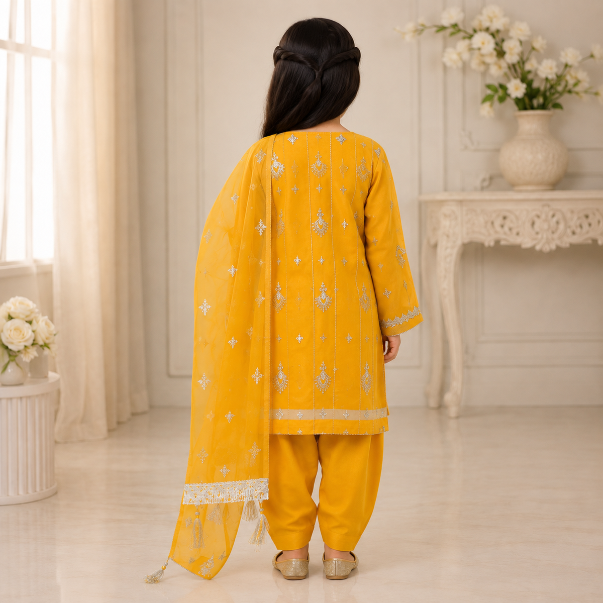 Mustard Yellow Embroidered 3-Piece Girls Suit with Dupatta