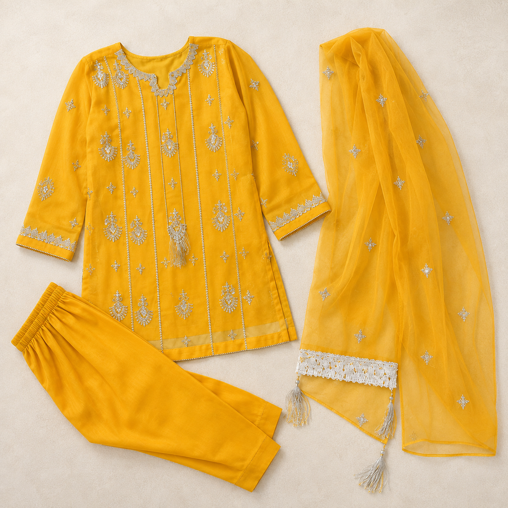 Mustard Yellow Embroidered 3-Piece Girls Suit with Dupatta