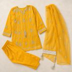 Mustard Yellow Embroidered 3-Piece Girls Suit with Dupatta