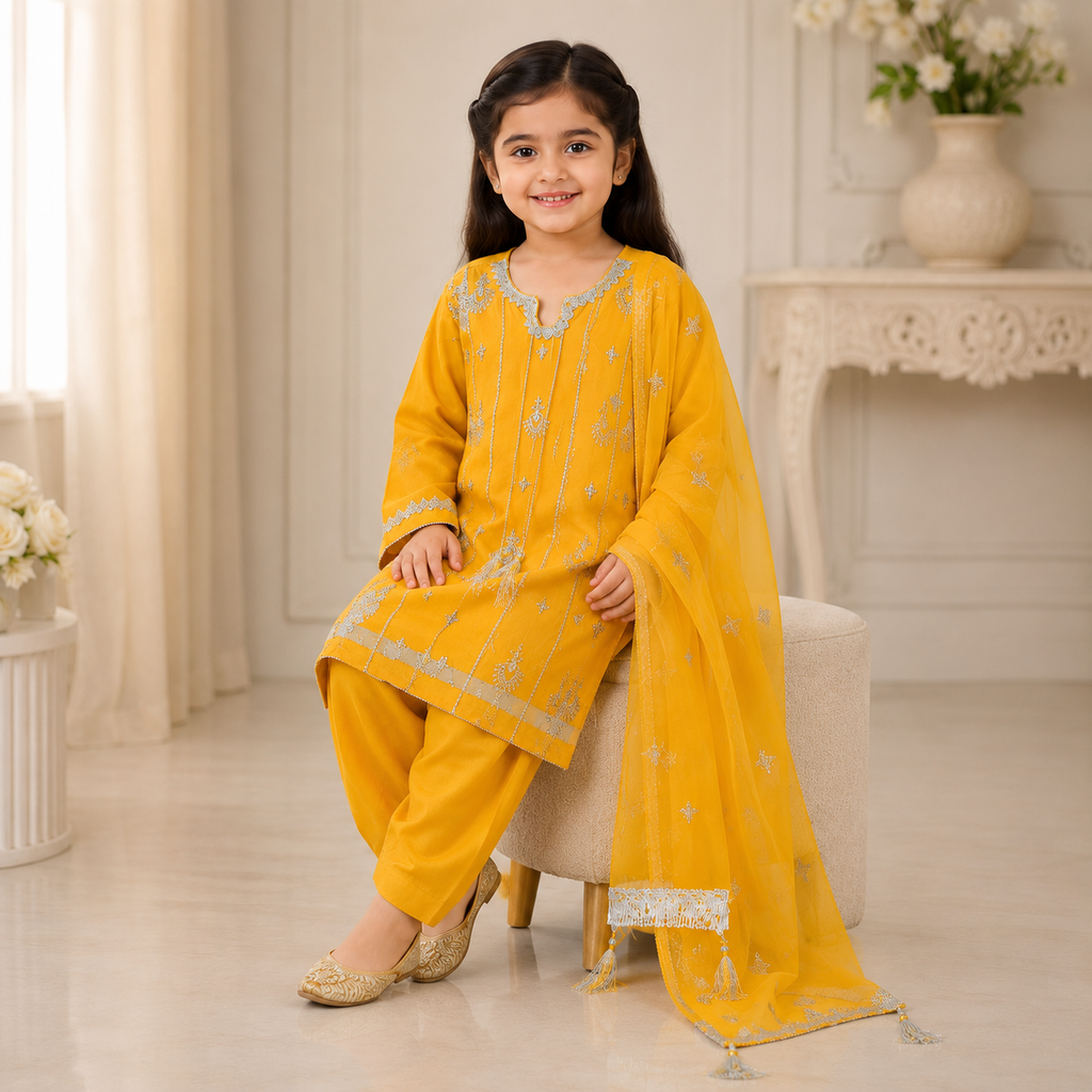 Mustard Yellow Embroidered 3-Piece Girls Suit with Dupatta