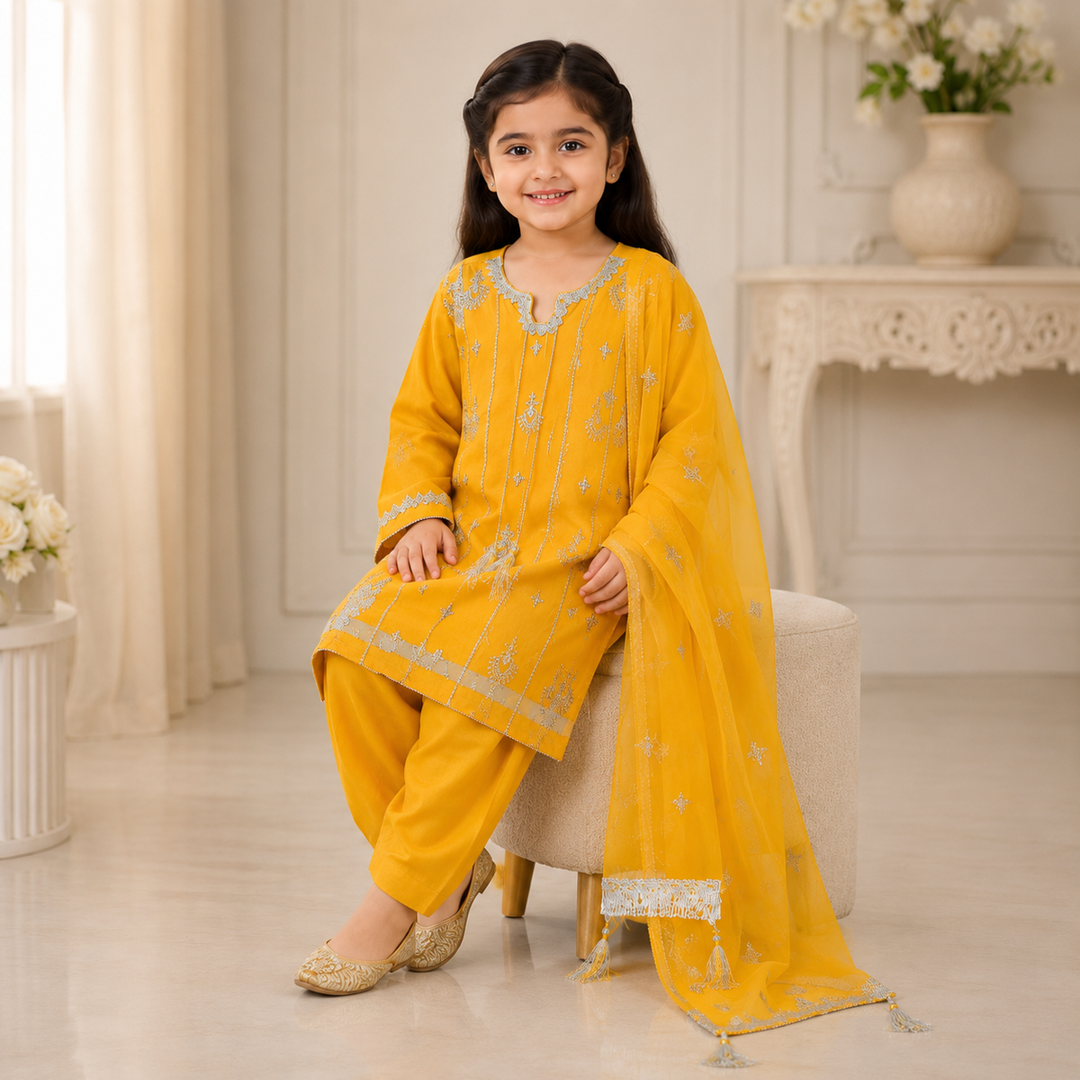 Mustard Yellow Embroidered 3-Piece Girls Suit with Dupatta