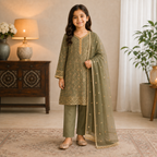 Olive Green Embroidered 3-Piece Girls Suit with Net Dupatta