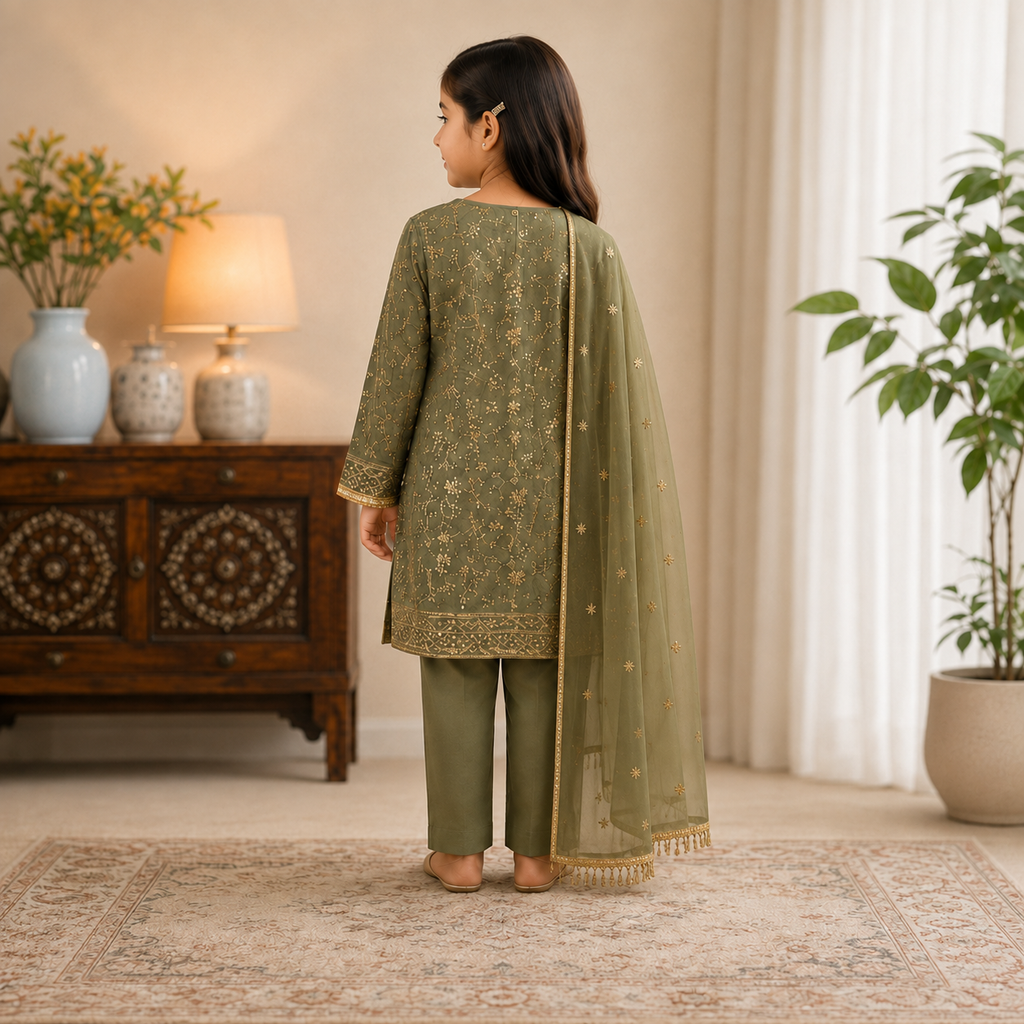 Olive Green Embroidered 3-Piece Girls Suit with Net Dupatta