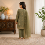 Olive Green Embroidered 3-Piece Girls Suit with Net Dupatta