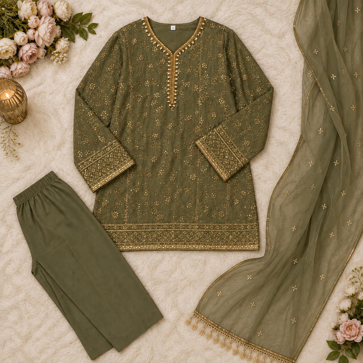 Olive Green Embroidered 3-Piece Girls Suit with Net Dupatta