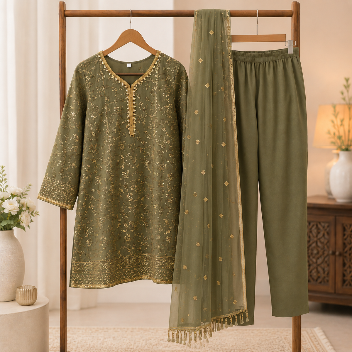 Olive Green Embroidered 3-Piece Girls Suit with Net Dupatta
