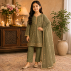 Olive Green Embroidered 3-Piece Girls Suit with Net Dupatta