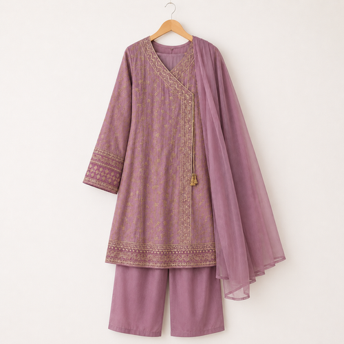 Dusty Purple Embroidered 3-Piece Girls Suit with Dupatta