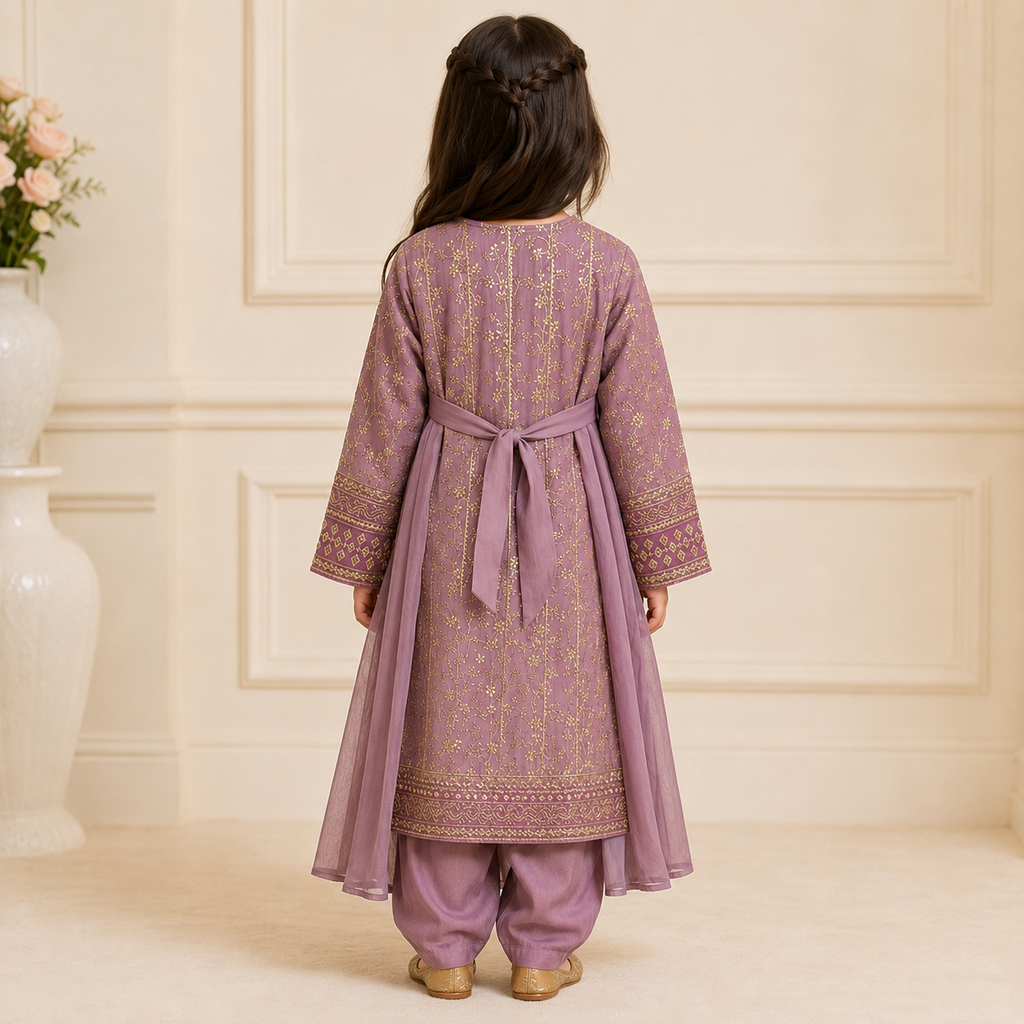 Dusty Purple Embroidered 3-Piece Girls Suit with Dupatta