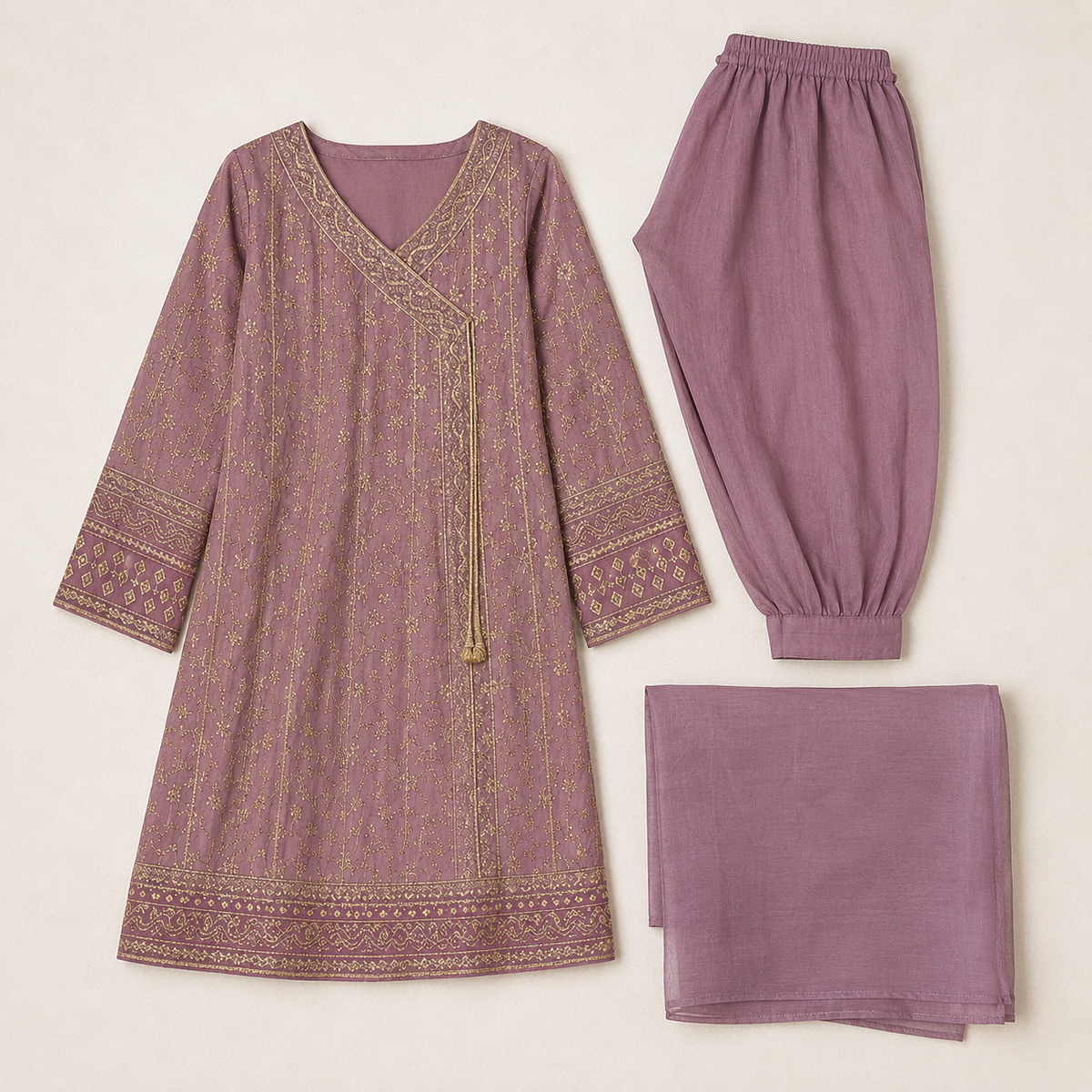 Dusty Purple Embroidered 3-Piece Girls Suit with Dupatta