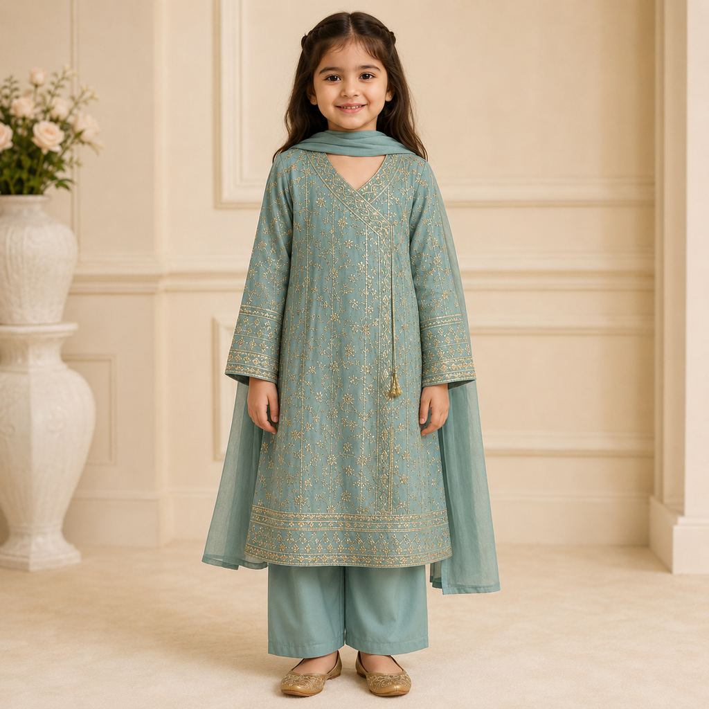 Sea Green Embroidered 3-Piece Girls Suit with Dupatta
