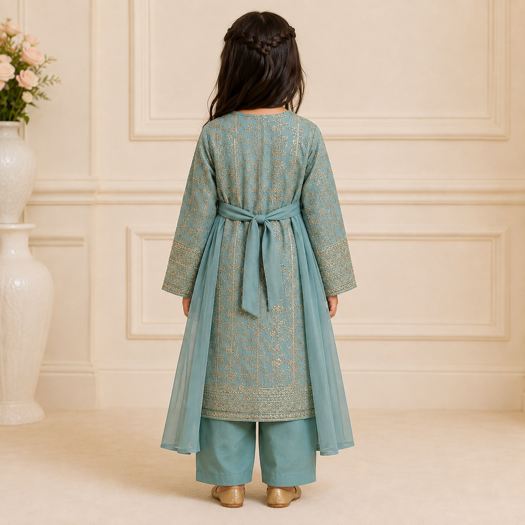Sea Green Embroidered 3-Piece Girls Suit with Dupatta