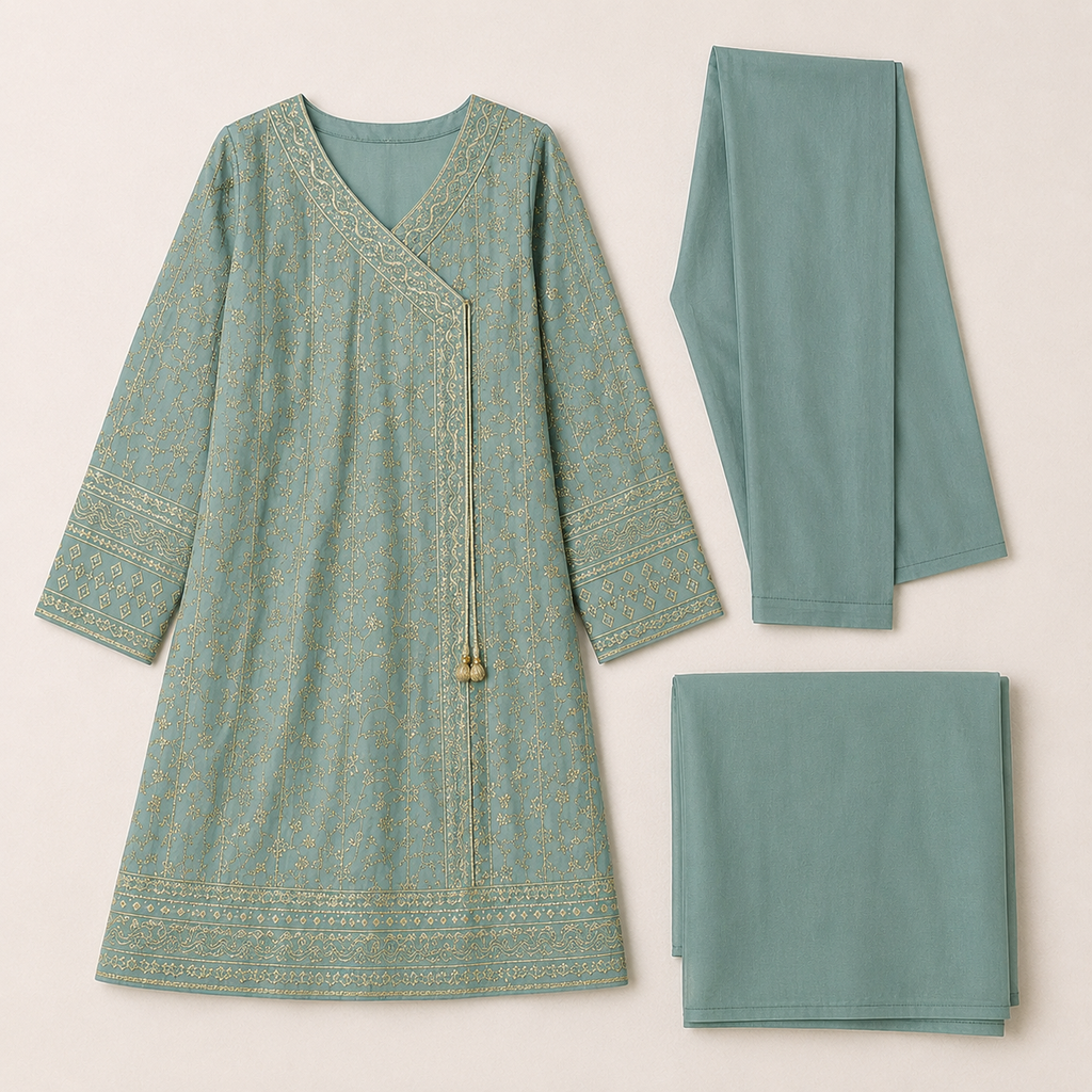 Sea Green Embroidered 3-Piece Girls Suit with Dupatta