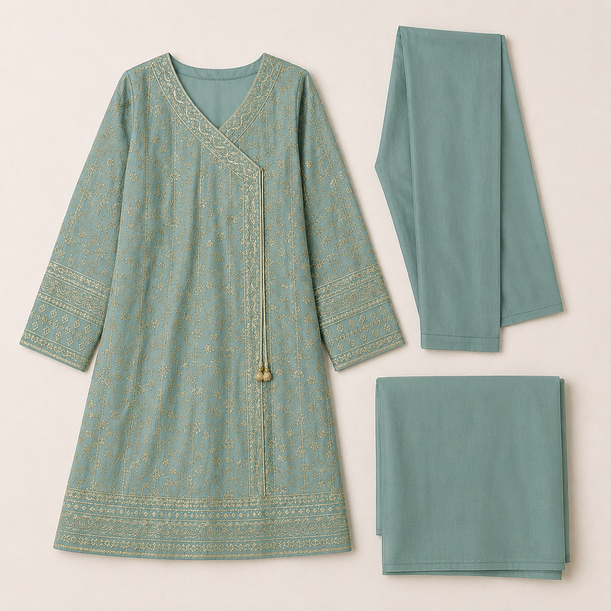 Sea Green Embroidered 3-Piece Girls Suit with Dupatta