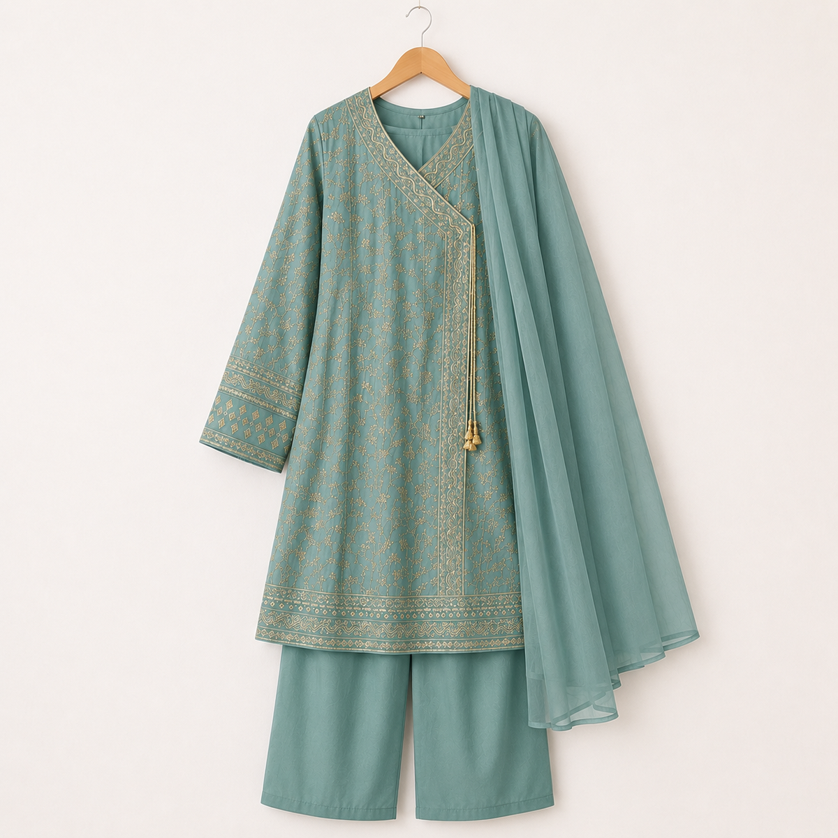Sea Green Embroidered 3-Piece Girls Suit with Dupatta