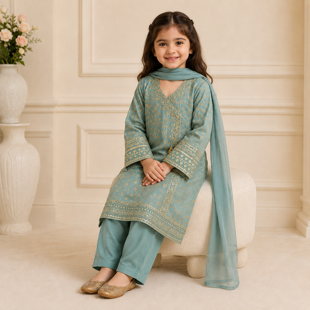 Sea Green Embroidered 3-Piece Girls Suit with Dupatta