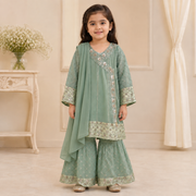 Sea Green Embroidered Gharara 3-Piece Girls Suit