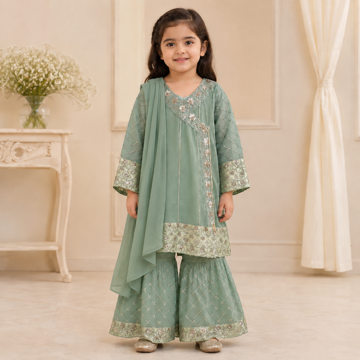 Sea Green Embroidered Gharara 3-Piece Girls Suit