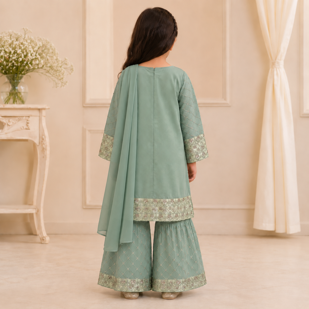 Sea Green Embroidered Gharara 3-Piece Girls Suit