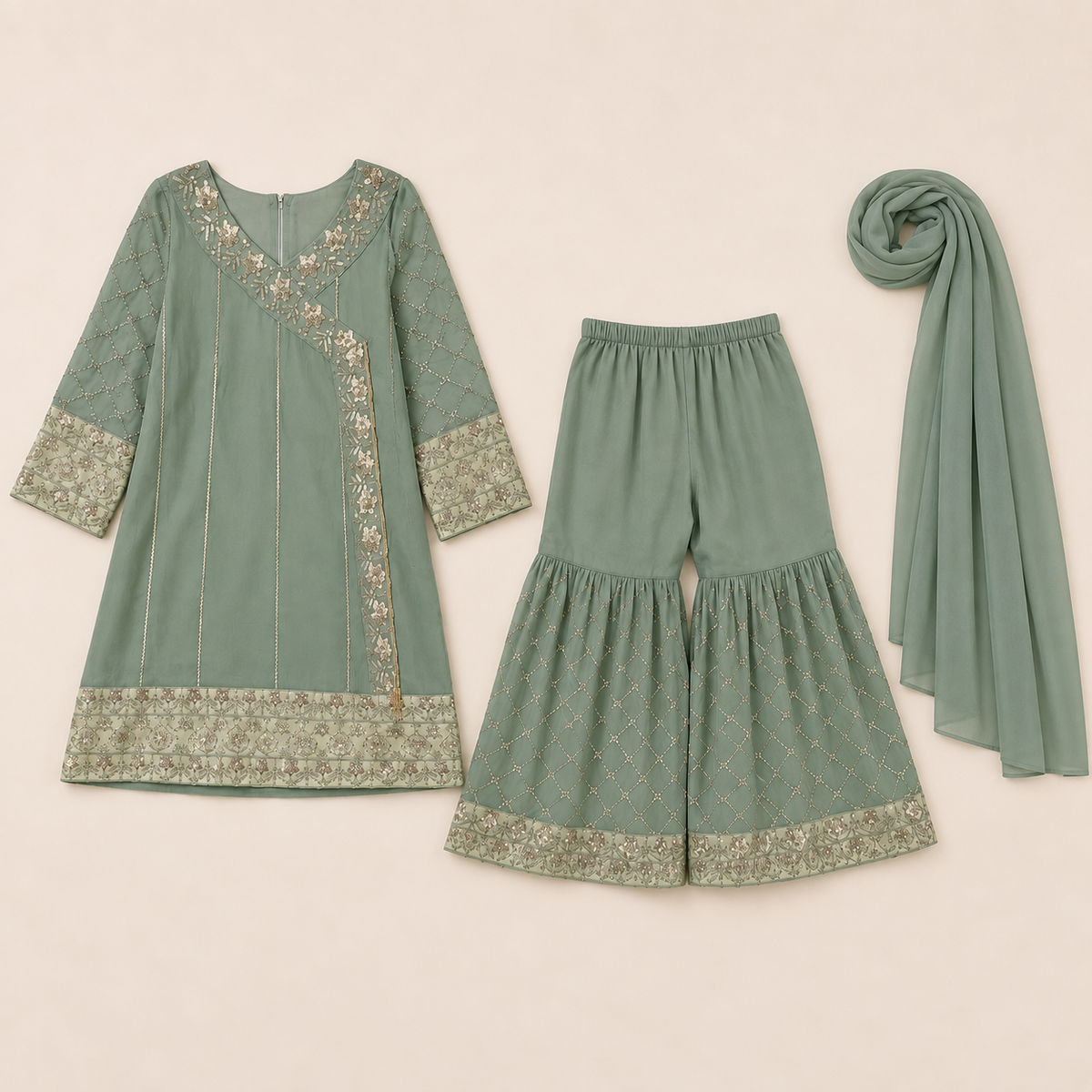 Sea Green Embroidered Gharara 3-Piece Girls Suit