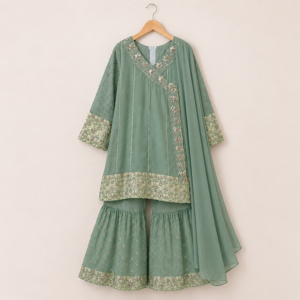 Sea Green Embroidered Gharara 3-Piece Girls Suit