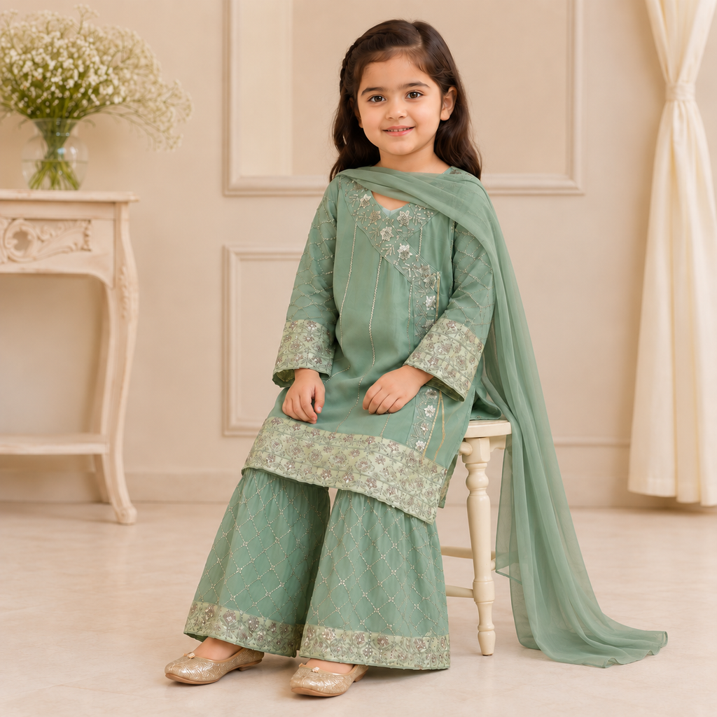 Sea Green Embroidered Gharara 3-Piece Girls Suit