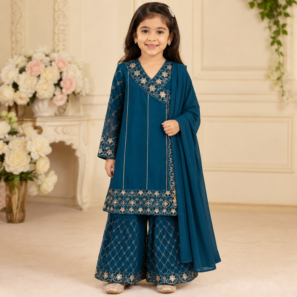 Teal Blue Embroidered Gharara 3-Piece Girls Suit