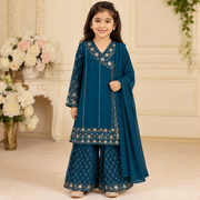 Teal Blue Embroidered Gharara 3-Piece Girls Suit