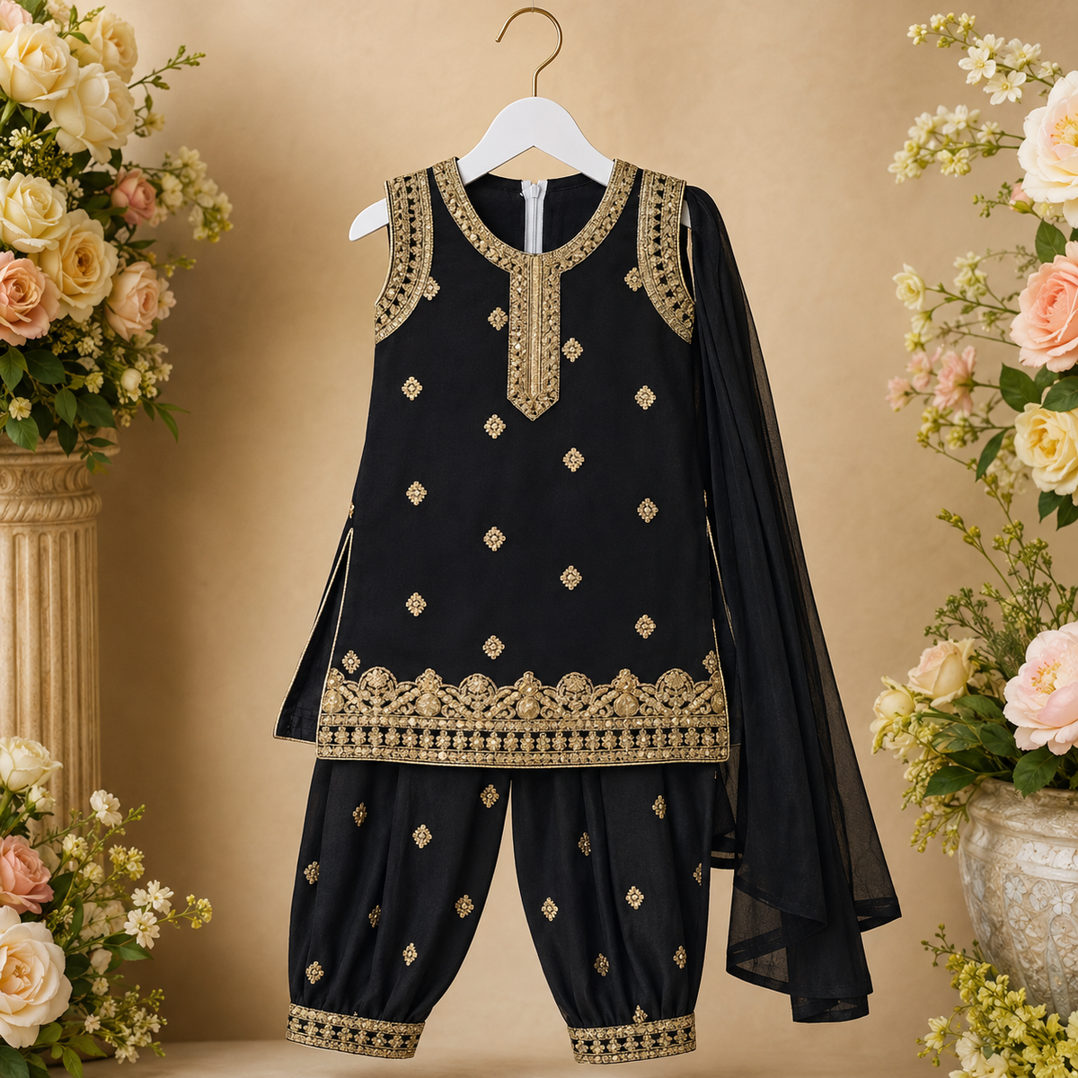 Noor Black Embroidered 3-Piece Set detail view - baby girl formal outfit by Little Maryam