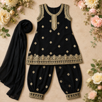 Noor Black Embroidered 3-Piece Set outfit detail - wedding wear for girls by Little Maryam