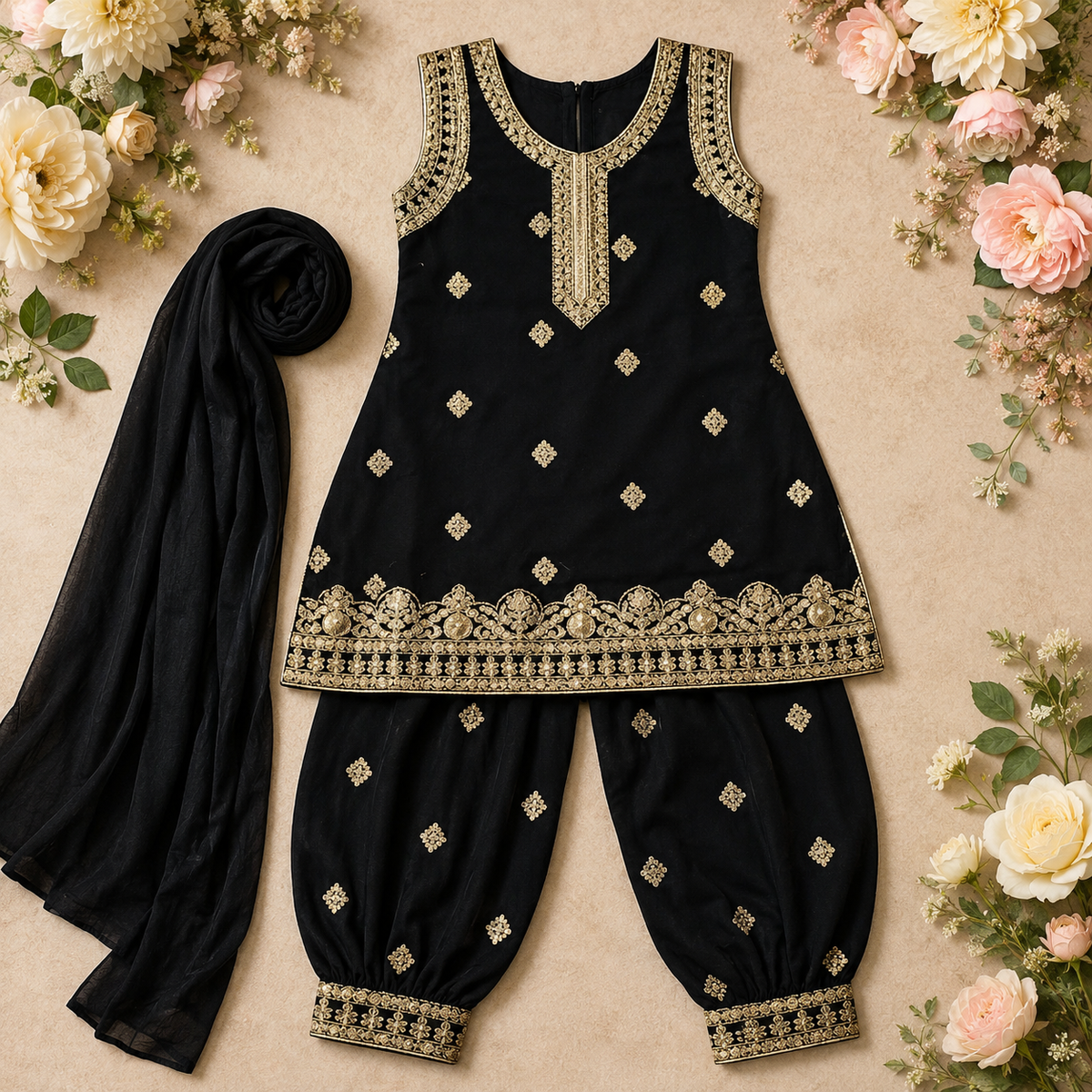 Noor Black Embroidered 3-Piece Set outfit detail - wedding wear for girls by Little Maryam